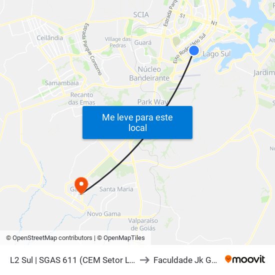 L2 Sul | SGAS 611 (CEM Setor Leste) to Faculdade Jk Gama map