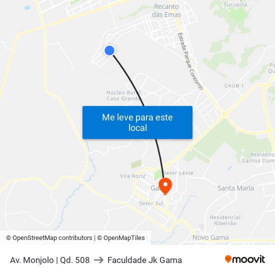 Av. Monjolo | Qd. 508 to Faculdade Jk Gama map