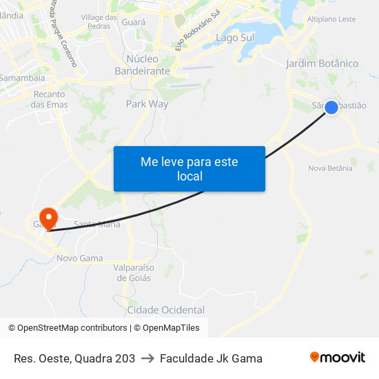 Res. Oeste, Quadra 203 to Faculdade Jk Gama map
