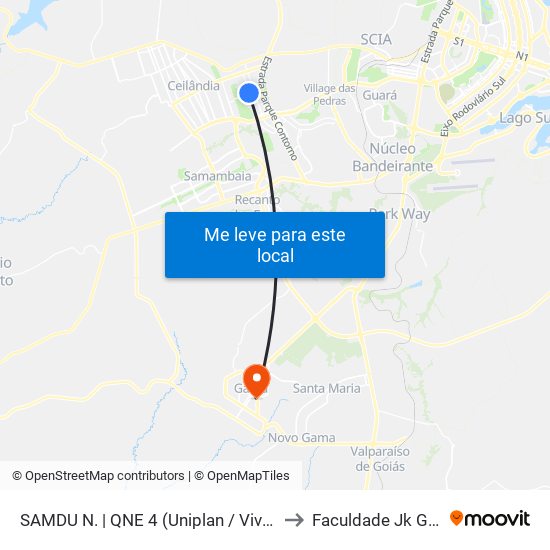 Samdu Norte | Qne 4 (Uniplan / Vivendas) to Faculdade Jk Gama map
