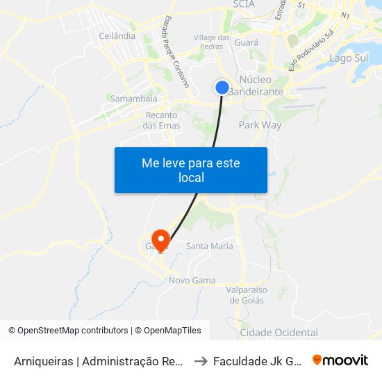 Arniqueiras | Administração Regional to Faculdade Jk Gama map