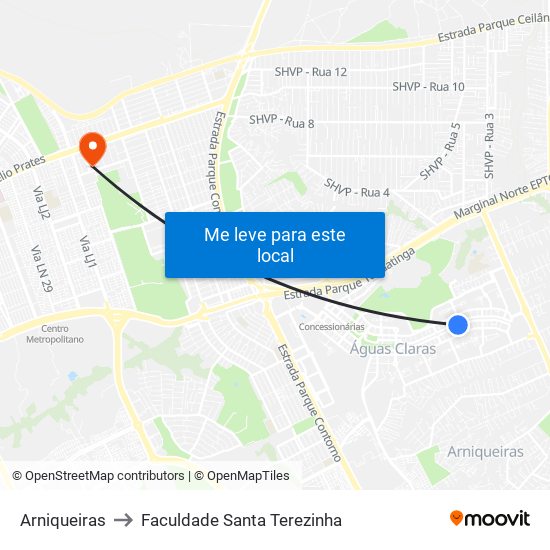 Arniqueiras to Faculdade Santa Terezinha map