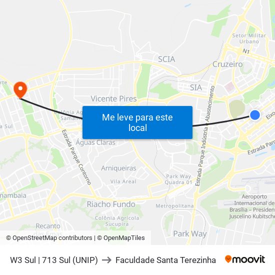W3 Sul | 713 Sul (Unip) to Faculdade Santa Terezinha map