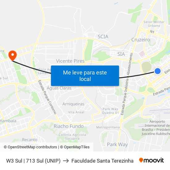 W3 Sul | 713 Sul (UNIP) to Faculdade Santa Terezinha map