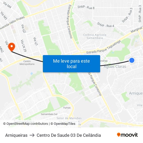 Arniqueiras to Centro De Saude 03 De Ceilândia map
