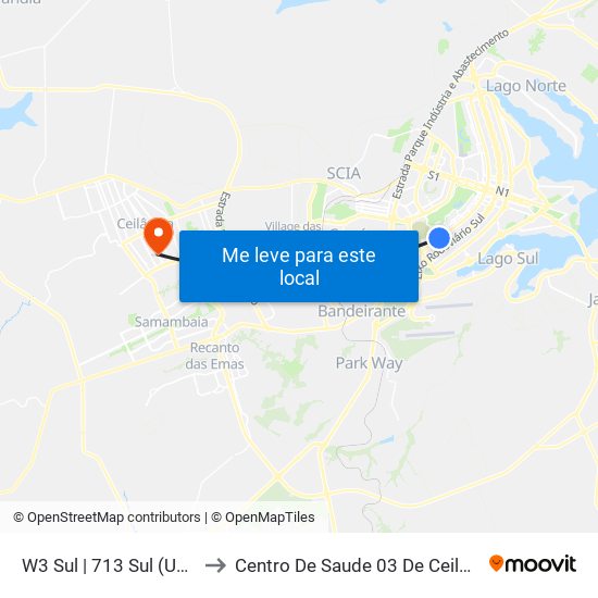 W3 Sul | 713 Sul (Unip) to Centro De Saude 03 De Ceilândia map