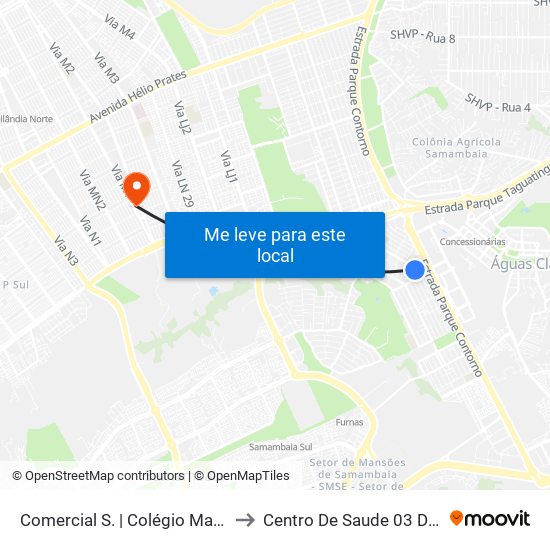 Comercial Sul | Colégio Marista / Ced 2 to Centro De Saude 03 De Ceilândia map