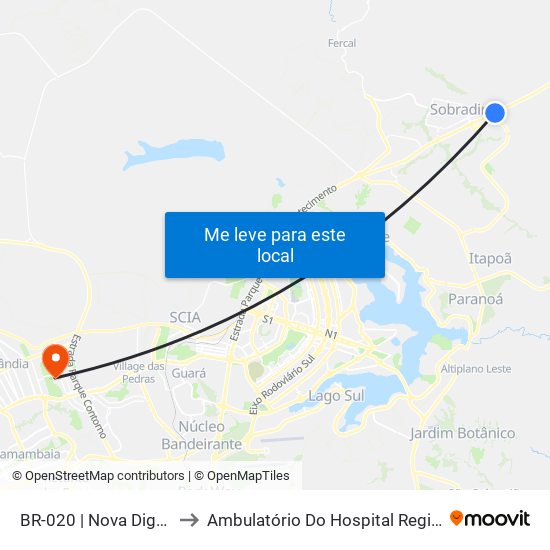 BR-020 | Nova Dignéia / Quadra 18 to Ambulatório Do Hospital Regional De Taguatinga - Hrt map