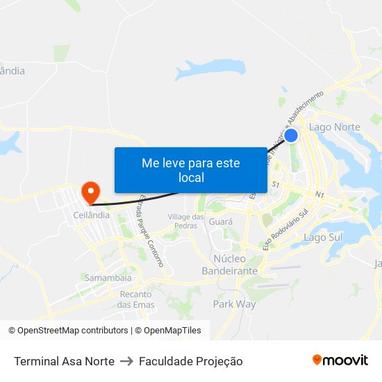 Terminal Asa Norte to Faculdade Projeção map