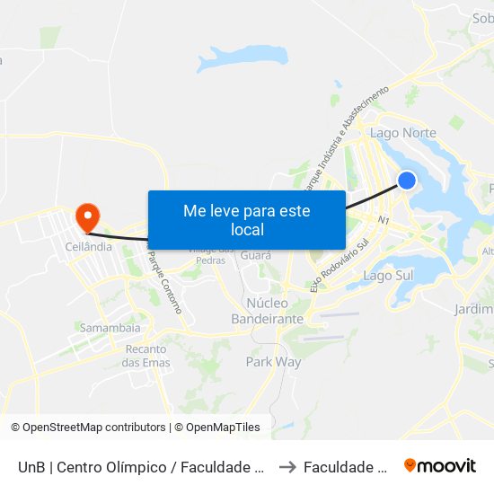 UnB | Centro Olímpico / Faculdade de Educação Física to Faculdade Projeção map
