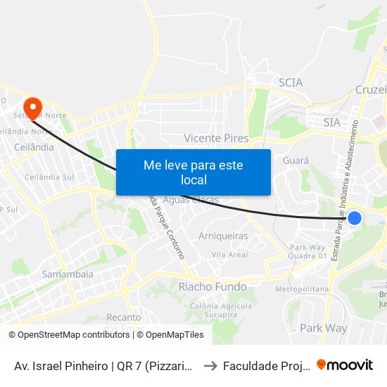 Av. Israel Pinheiro | QR 7 (Pizzaria Aurélio) to Faculdade Projeção map