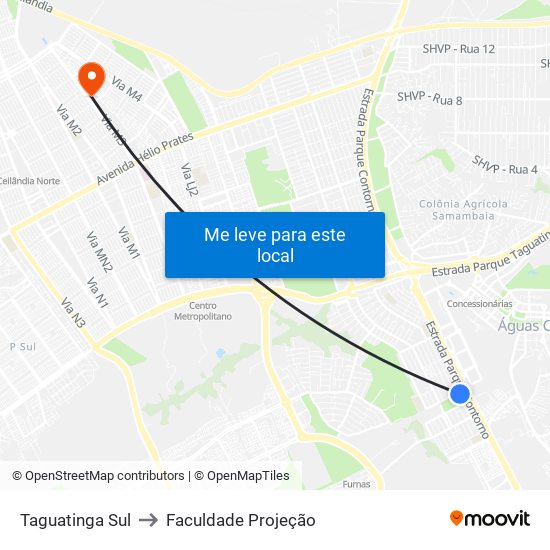 Taguatinga Sul to Faculdade Projeção map