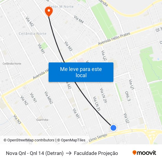 Nova Qnl - Qnl 14 (Detran) to Faculdade Projeção map