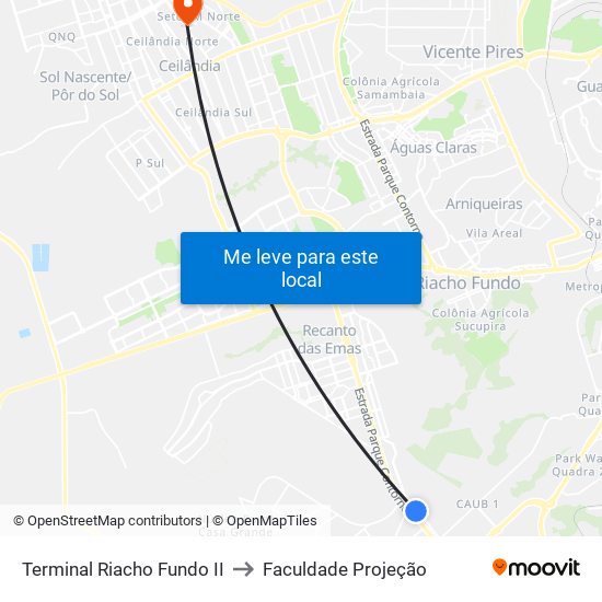 Terminal Riacho Fundo II to Faculdade Projeção map