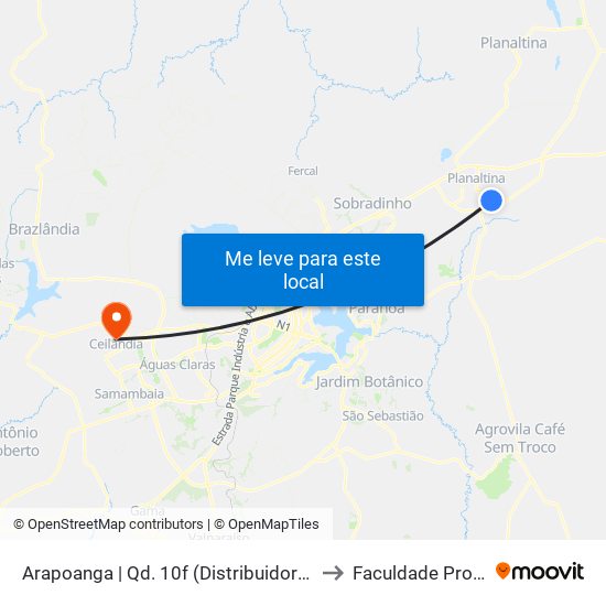 Arapoanga | Qd. 10f (Distribuidora Alencar) to Faculdade Projeção map
