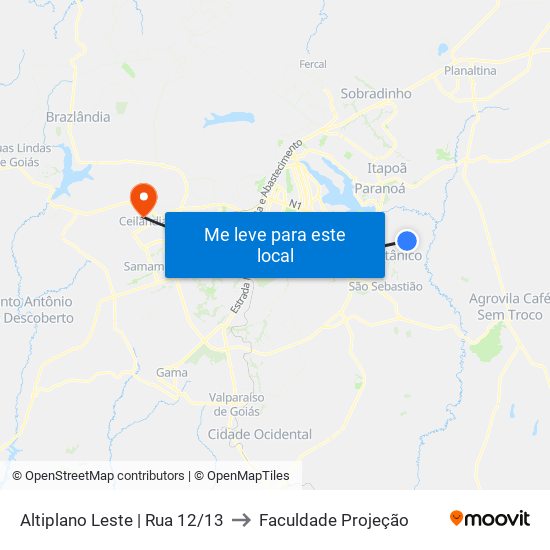Altiplano Leste | Rua 12/13 to Faculdade Projeção map