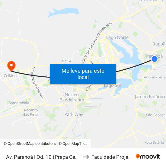 Av. Paranoá | Qd. 10 (Praça Central) to Faculdade Projeção map