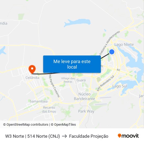W3 Norte | 514 Norte (CNJ) to Faculdade Projeção map
