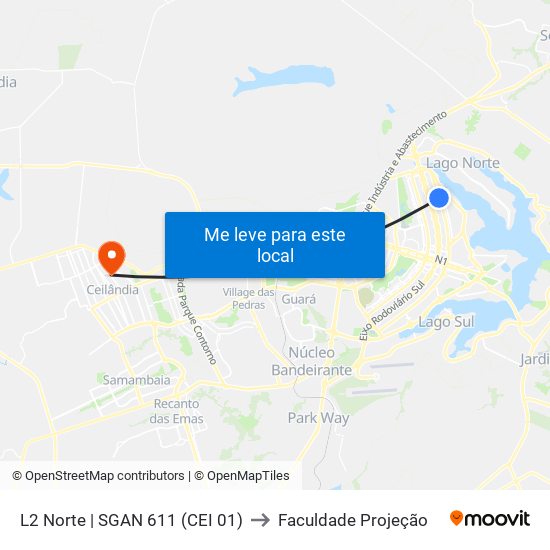 L2 Norte | SGAN 611 (CEI 01) to Faculdade Projeção map