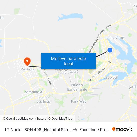 L2 Norte | SQN 408 (Hospital Santa Marta) to Faculdade Projeção map