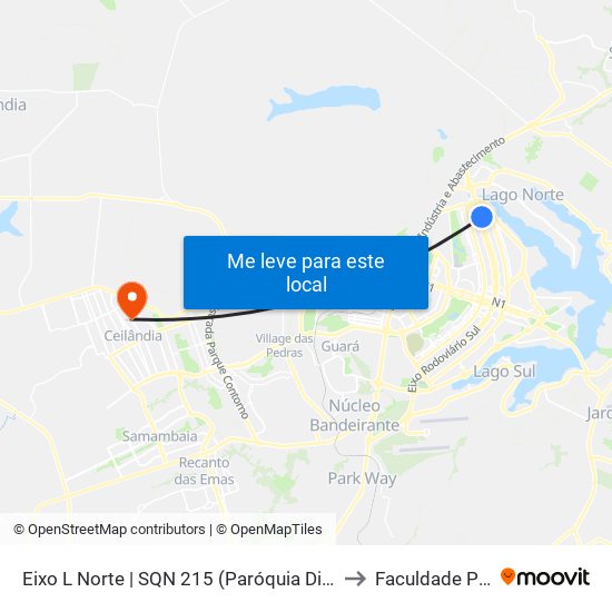 Eixo L Norte | SQN 215 (Paróquia Divina Misericórdia) to Faculdade Projeção map