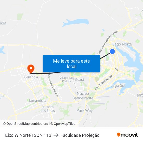 Eixo W Norte | SQN 113 to Faculdade Projeção map