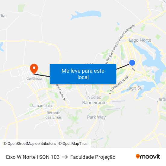 Eixo W Norte | SQN 103 to Faculdade Projeção map