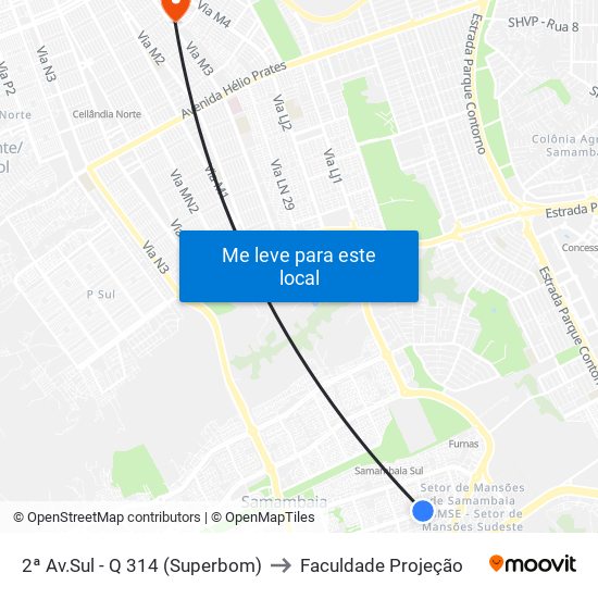 2ª Av.Sul - Q 314 (Superbom) to Faculdade Projeção map