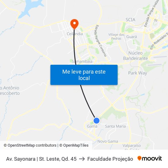Av. Sayonara | St. Leste, Qd. 45 to Faculdade Projeção map