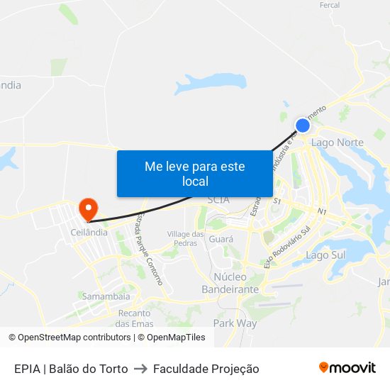 EPIA | Balão do Torto to Faculdade Projeção map