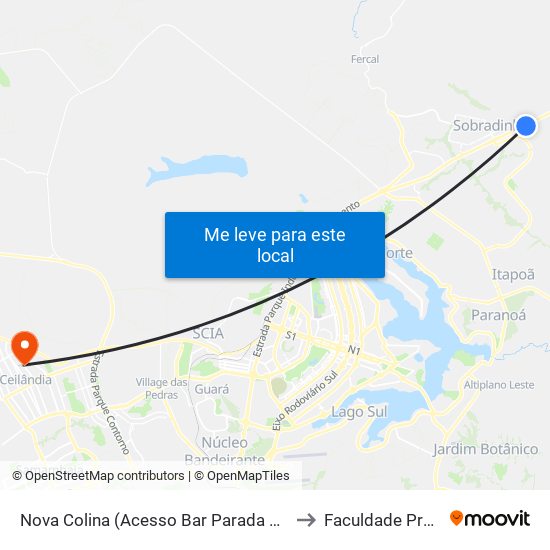 Nova Colina (Acesso Bar Parada Obrigatória) to Faculdade Projeção map