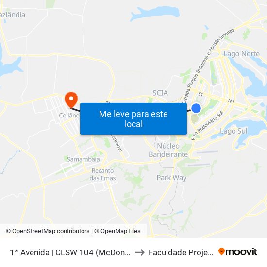 1ª Avenida | CLSW 104 (McDonald's) to Faculdade Projeção map