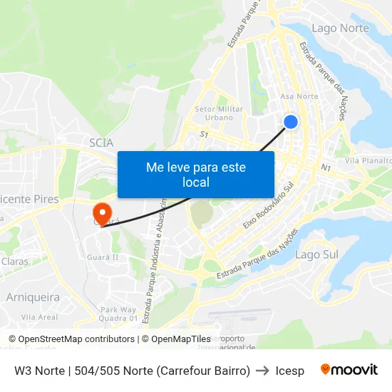 W3 Norte | 504/505 Norte (Carrefour Bairro) to Icesp map