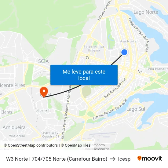 W3 Norte | 704/705 Norte (Carrefour Bairro) to Icesp map