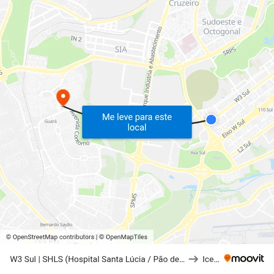 W3 Sul | SHLS (Hospital Santa Lúcia / Pão de Açúcar) to Icesp map