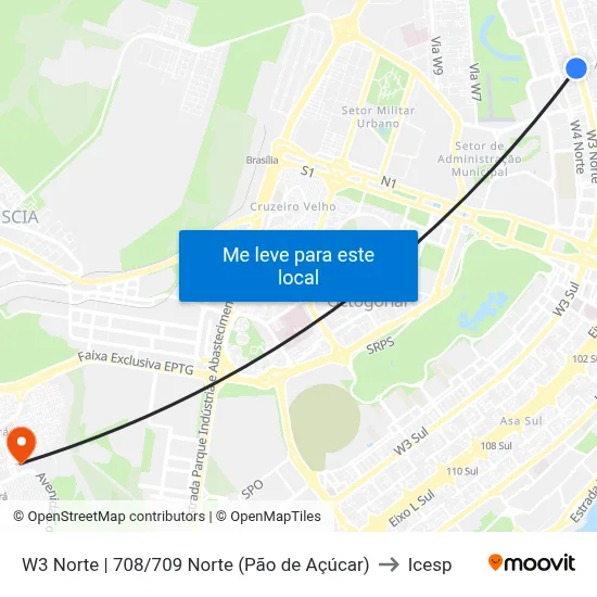 W3 Norte | 708/709 Norte (Pão de Açúcar) to Icesp map