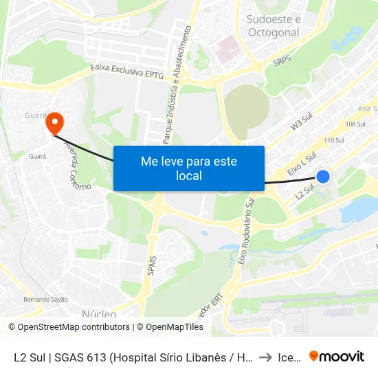 L2 Sul | SGAS 613 (Hospital Sírio Libanês / HOME) to Icesp map