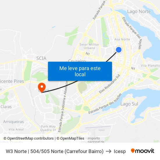 W3 Norte | 504/505 Norte (Carrefour Bairro) to Icesp map