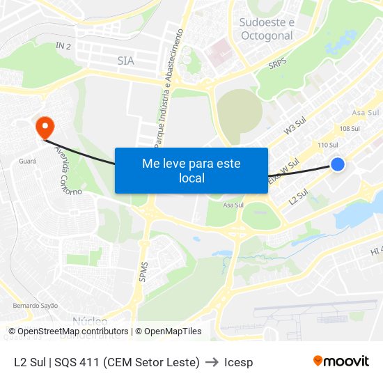 L2 Sul | SQS 411 (CEM Setor Leste) to Icesp map