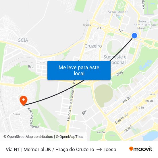 Via N1 | Memorial JK / Praça do Cruzeiro to Icesp map