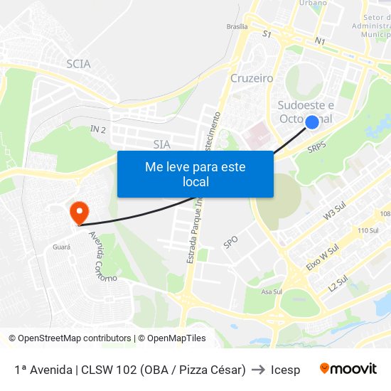 1ª Avenida | CLSW 102 (OBA / Pizza César) to Icesp map