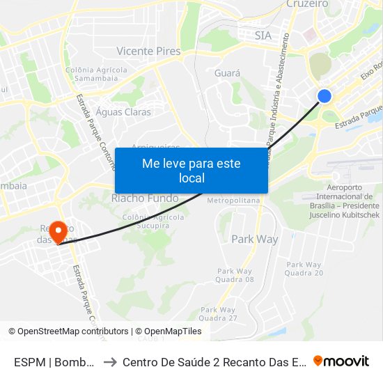 Setor Policial Sul | Corpo De Bombeiros to Centro De Saúde 2 Recanto Das Emas- Df map