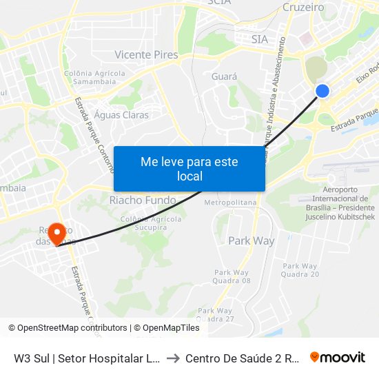 W3 Sul | Setor Hospitalar Local Sul (Pão De Açúcar) to Centro De Saúde 2 Recanto Das Emas- Df map