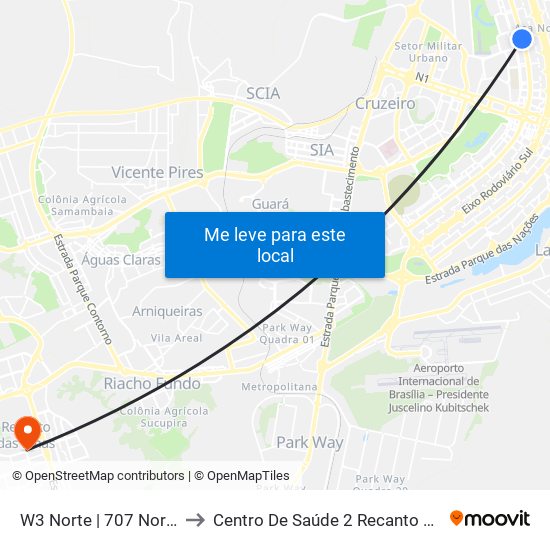 W3 Norte | 707 Norte (Ceub) to Centro De Saúde 2 Recanto Das Emas- Df map