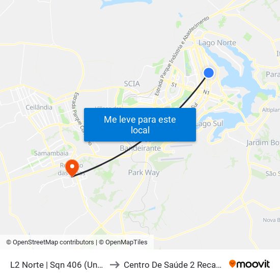 L2 Norte | Sqn 406 (Unb / Odonto Hub) to Centro De Saúde 2 Recanto Das Emas- Df map