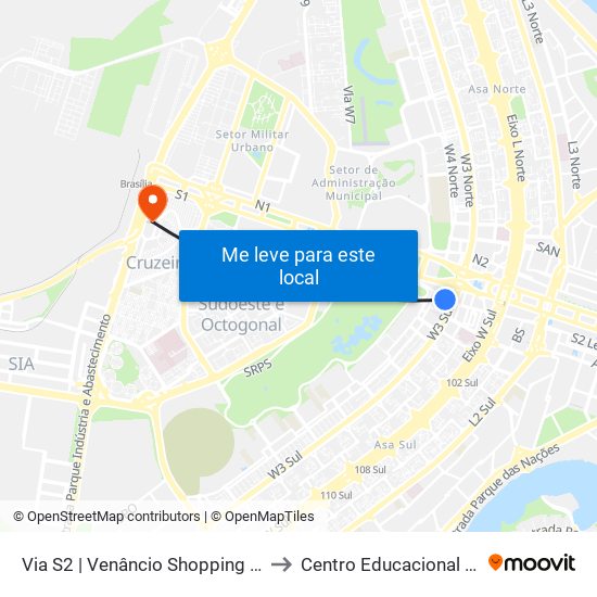 Via S2 | Venâncio Shopping / Pátio Brasil / SHS to Centro Educacional 01 Do Cruzeiro map