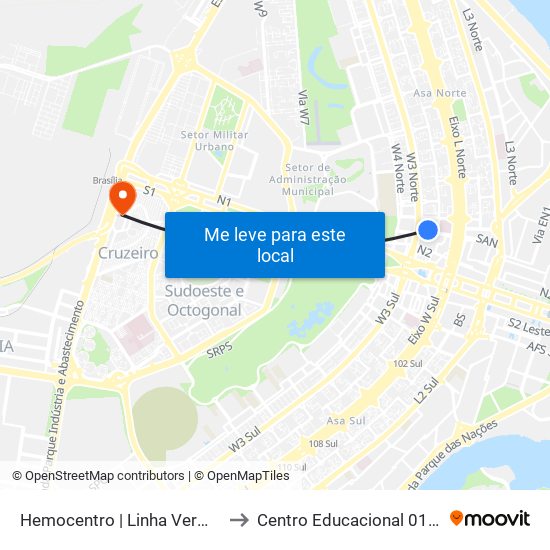 Hemocentro | Linha Vermelha Gratuita to Centro Educacional 01 Do Cruzeiro map