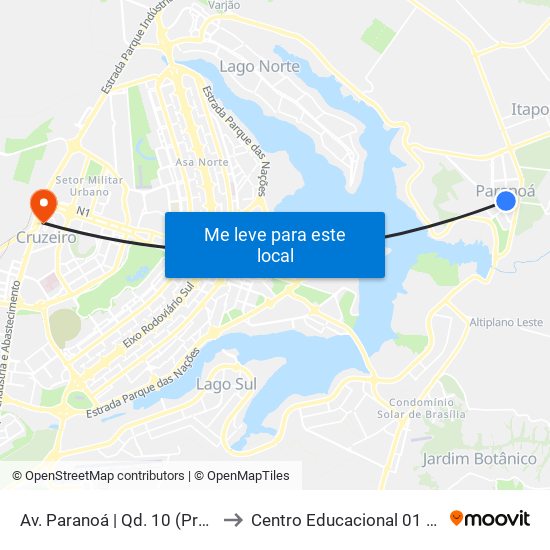 Av. Paranoá | Qd. 10 (Praça Central) to Centro Educacional 01 Do Cruzeiro map
