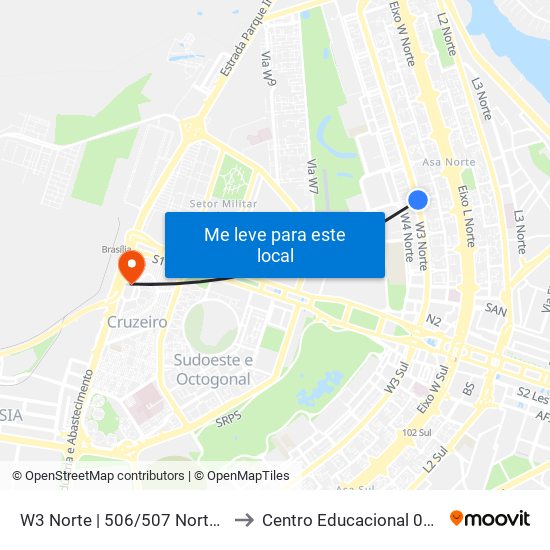 W3 Norte | 506/507 Norte (McDonald's) to Centro Educacional 01 Do Cruzeiro map