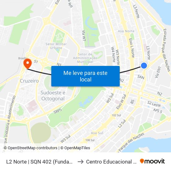 L2 Norte | SQN 402 (Fundação Getúlio Vargas) to Centro Educacional 01 Do Cruzeiro map